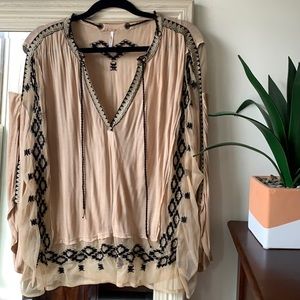 FREE PEOPLE black & pink embroidered blouse top with sheer panels (size small) ✨